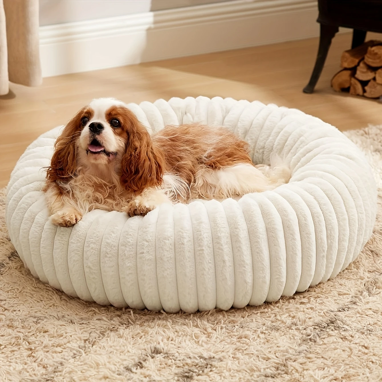 Warm Round Donut Cat Bed Vertical Striped Plush Raised Bolster Pet Bed Non Slip Washable Cozy Nest for Small Medium Dogs Cats