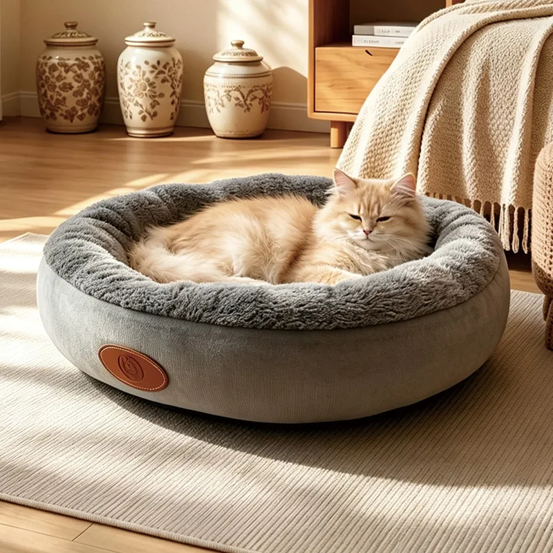 Thick Resilient Donut Pet Bed,Wear-Resistant Plush Round Dog Bed,Non-Slip Moisture-Proof Bottom, Comfort Cat Bed for Indoor Pets