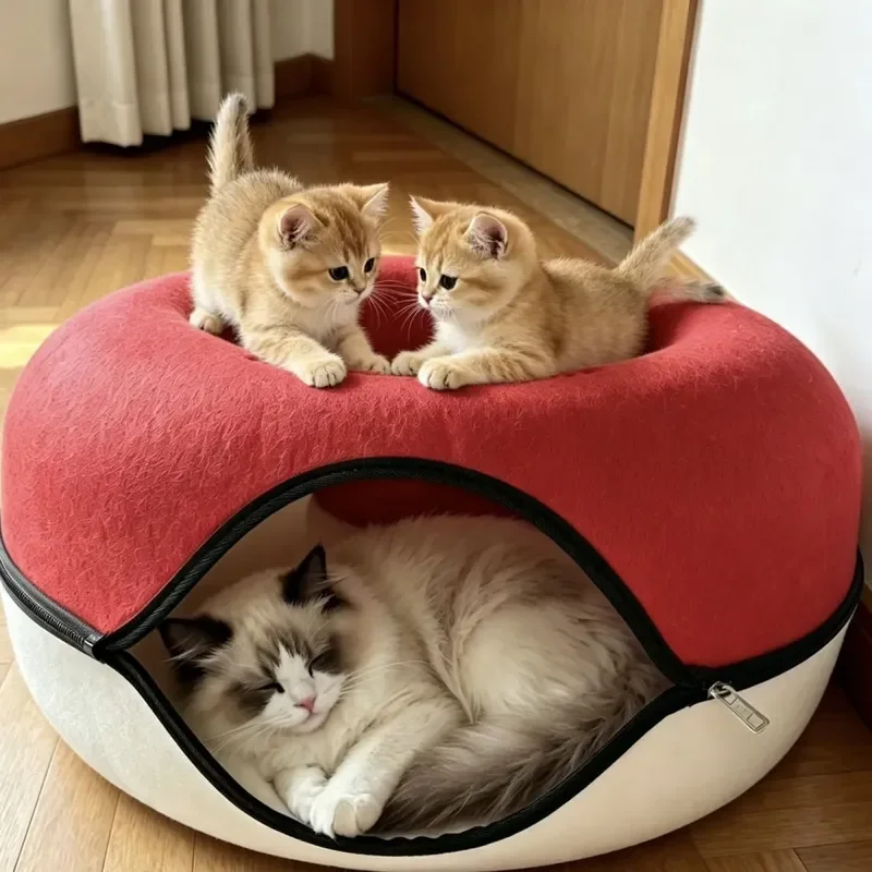 Poke Ball Donut Tunnel Cat Bed Warm Felt Toy Four Seasons Semi-Enclosed Cave Nest Indoor Cat Sleeping House Pet Nest