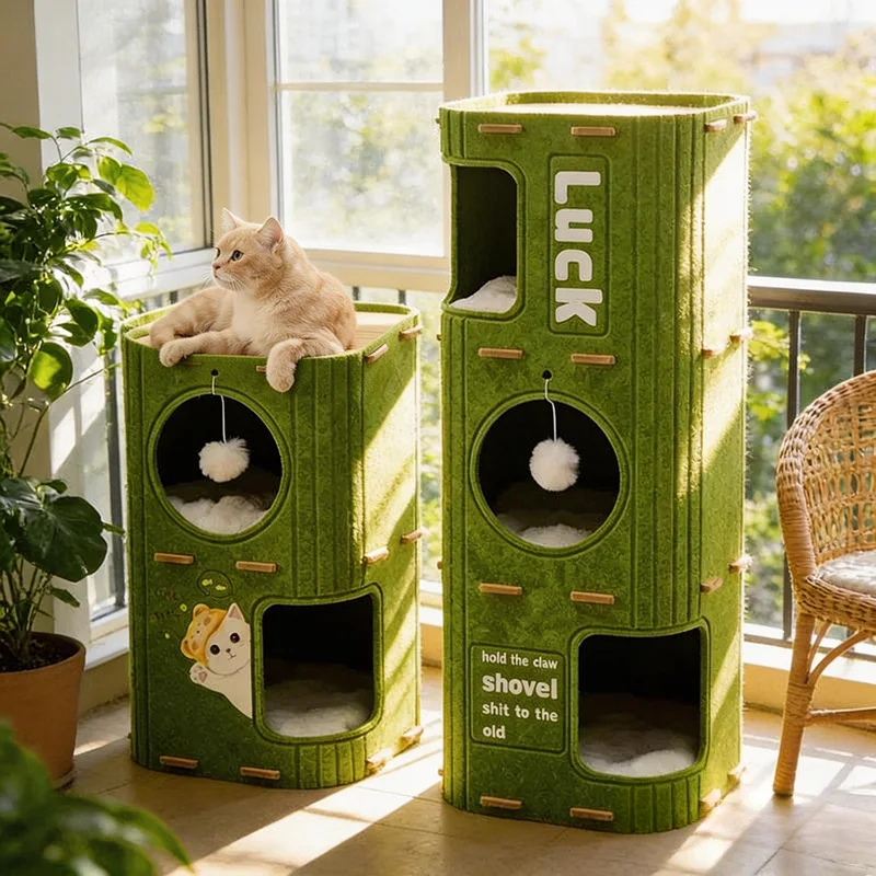 Green Felt Cat Barrel Bed-Multi-Level Cat Tree Cave with Hanging Ball Toy, Cozy Kitten House, Pet Furniture for Small Medium Cat