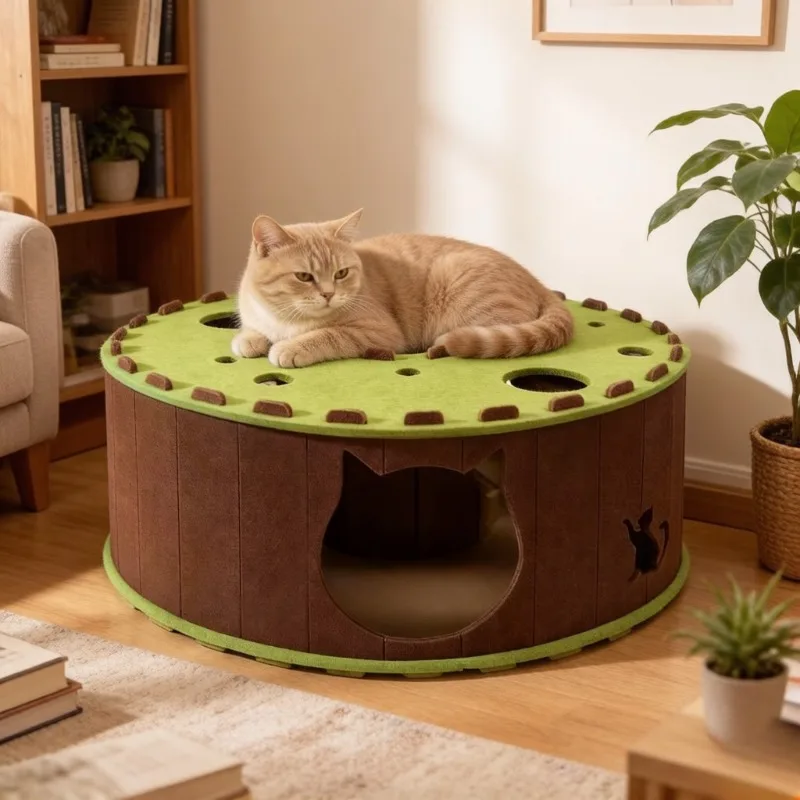 Felt Tunnel Cat Bed, Detachable Doughnut Tire Shaped Semi-enclosed Pet Nest