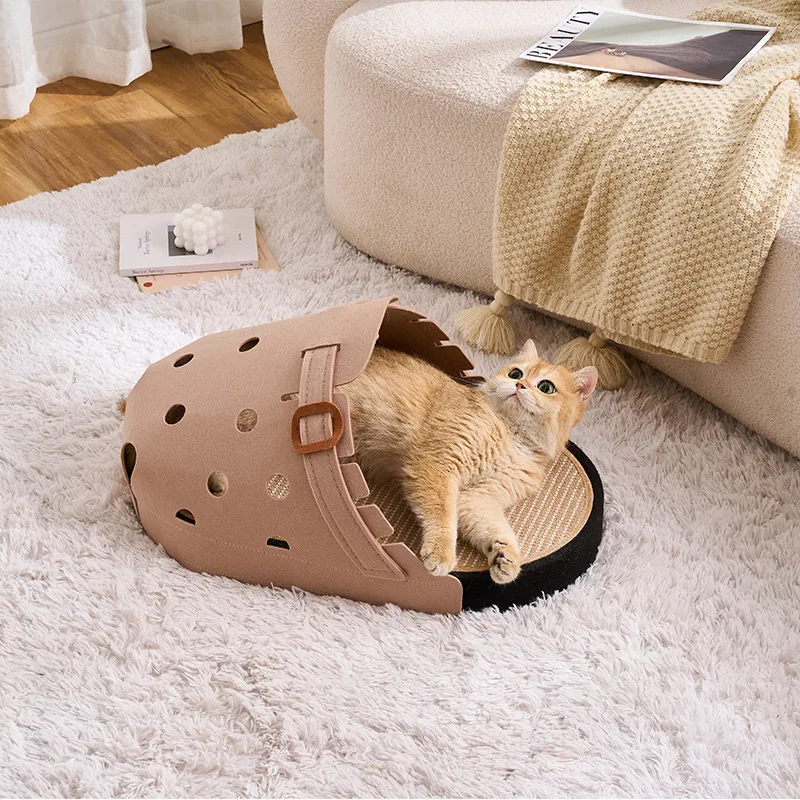 Home Cat Bed Slipper‑shaped Felt Cat House With Sisal Scratcher Base, Semi‑enclosed Cave Pet Shelter For Indoor Family Cats, Bre