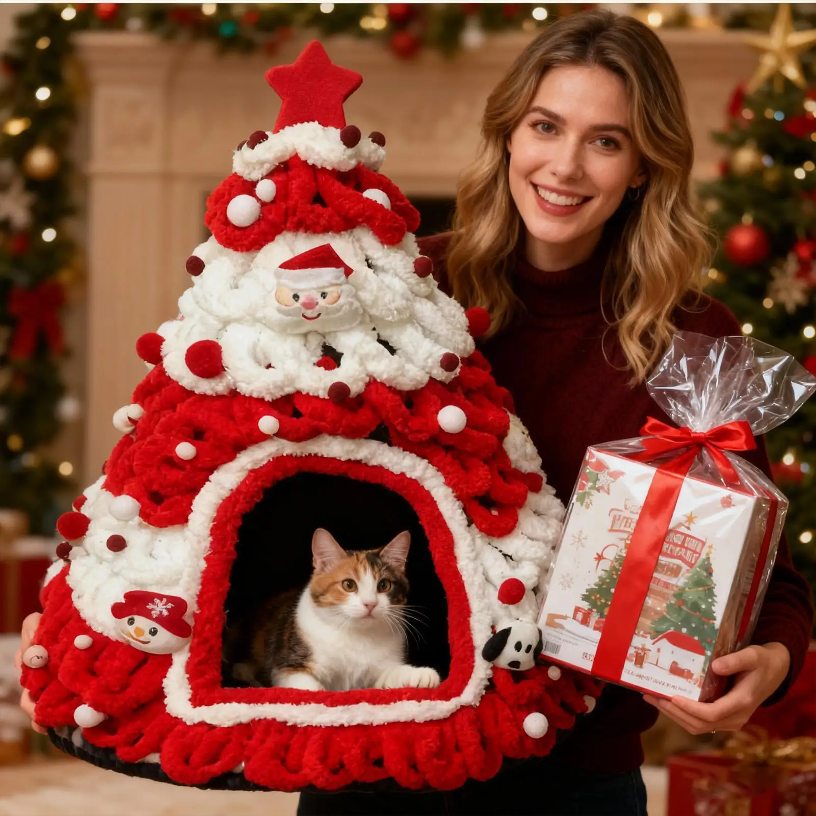 Christmas Tree Shaped Cat Bed Knitted Felt Nest Soft Warm Wool Pet House Comfortable Sleeping Cave For Kitten Small Pets Indoor