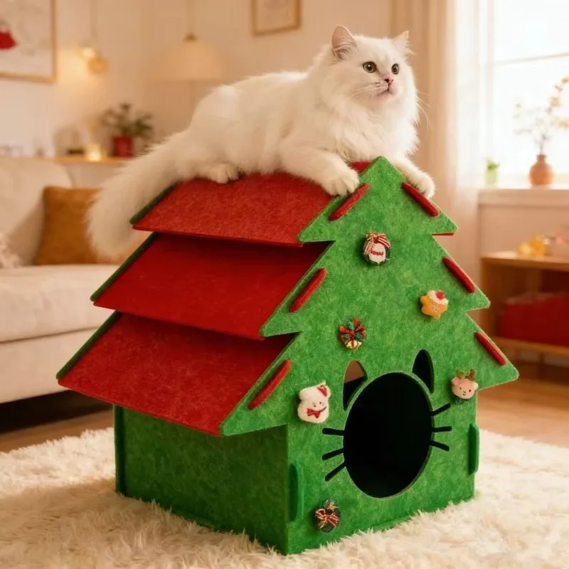 Christmas Tree Felt Cat Bed Semi Enclosed Warm Pet House Detachable Assemble Cat Cave for Holiday Home Pet Use Decor