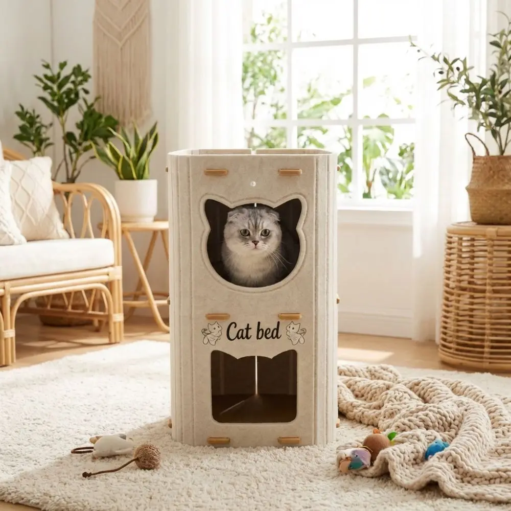 Creativity Double Layer Cat House Foldable Wear-resistant Cat Castle Bed Felt Breathable Cat Scratching Board Cat Supplies